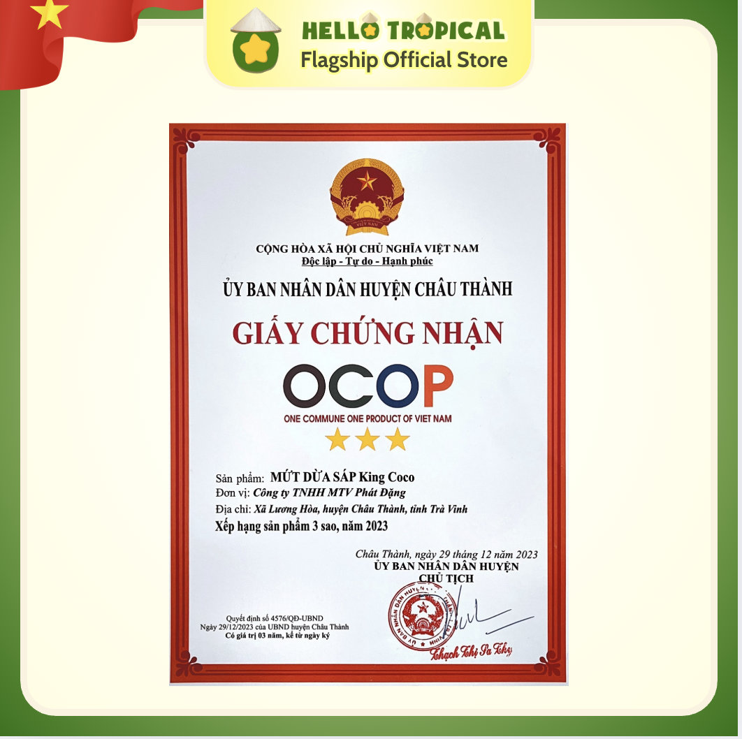 Mứt dừa sáp sữa dẻo ít ngọt chính gốc Trà Vinh KING COCO Loại thượng hạng To dài (Hộp 500g, túi ép chân không bên trong)-duoc-ban-tai-HELLO TROPICAL VIETNAM