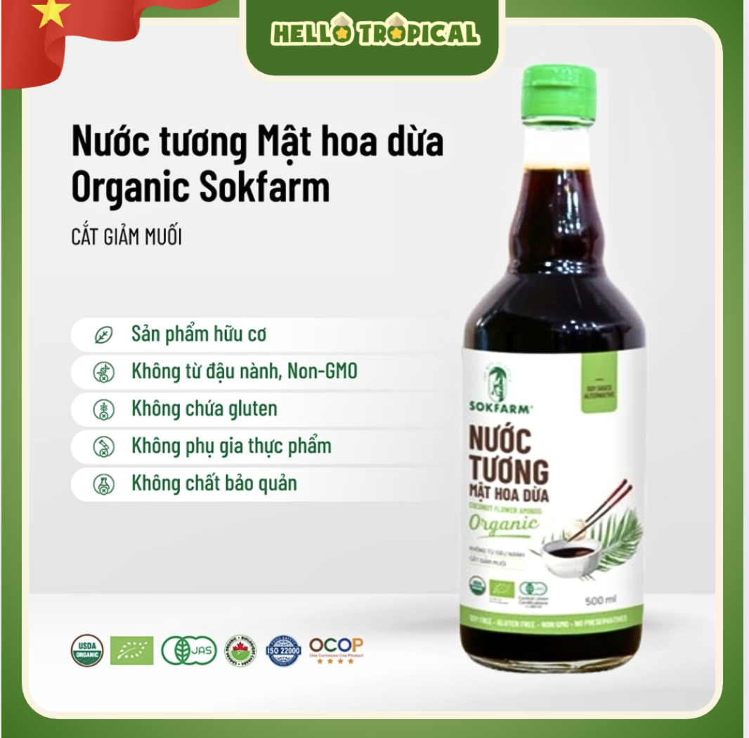 Nước tương mật hoa dừa hữu cơ SOKFARM dòng ít muối (Chai thủy tinh 500ml)-duoc-ban-tai-HELLO TROPICAL VIETNAM