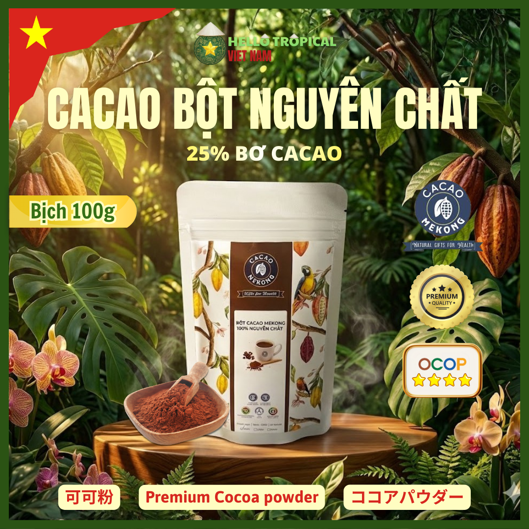 Bột Cacao nguyên chất siêu hoà tan MeKong pha chế làm bánh Trà Vinh gói 100g-duoc-ban-tai-HELLO TROPICAL VIETNAM