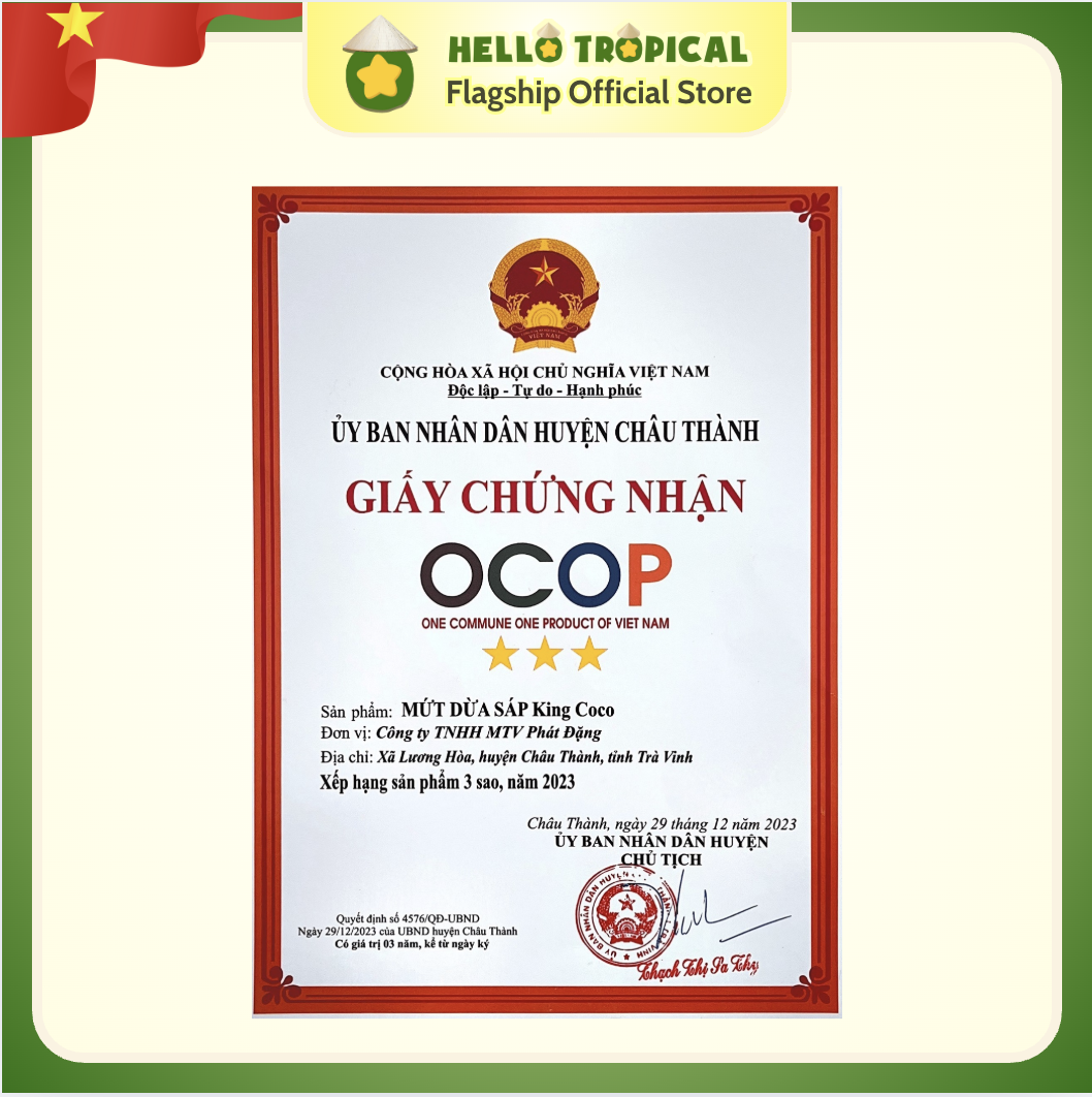 Mứt dừa sáp sữa dẻo ít ngọt chính gốc Trà Vinh KING COCO loại thượng hạn To Dài (Hộp 250g, túi ép chân không)-duoc-ban-tai-HELLO TROPICAL VIETNAM