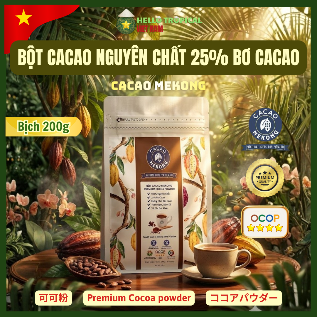 Bột cacao nguyên chất siêu hoà tan MEKONG pha chế làm bánh Trà Vinh (Gói dùng thử 200g)-duoc-ban-tai-HELLO TROPICAL VIETNAM
