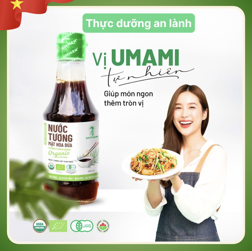 Nước tương mật hoa dừa SOKFARM dòng ít muối chính gốc Trà Vinh (Chai thủy tinh 200ml)-duoc-ban-tai-HELLO TROPICAL VIETNAM