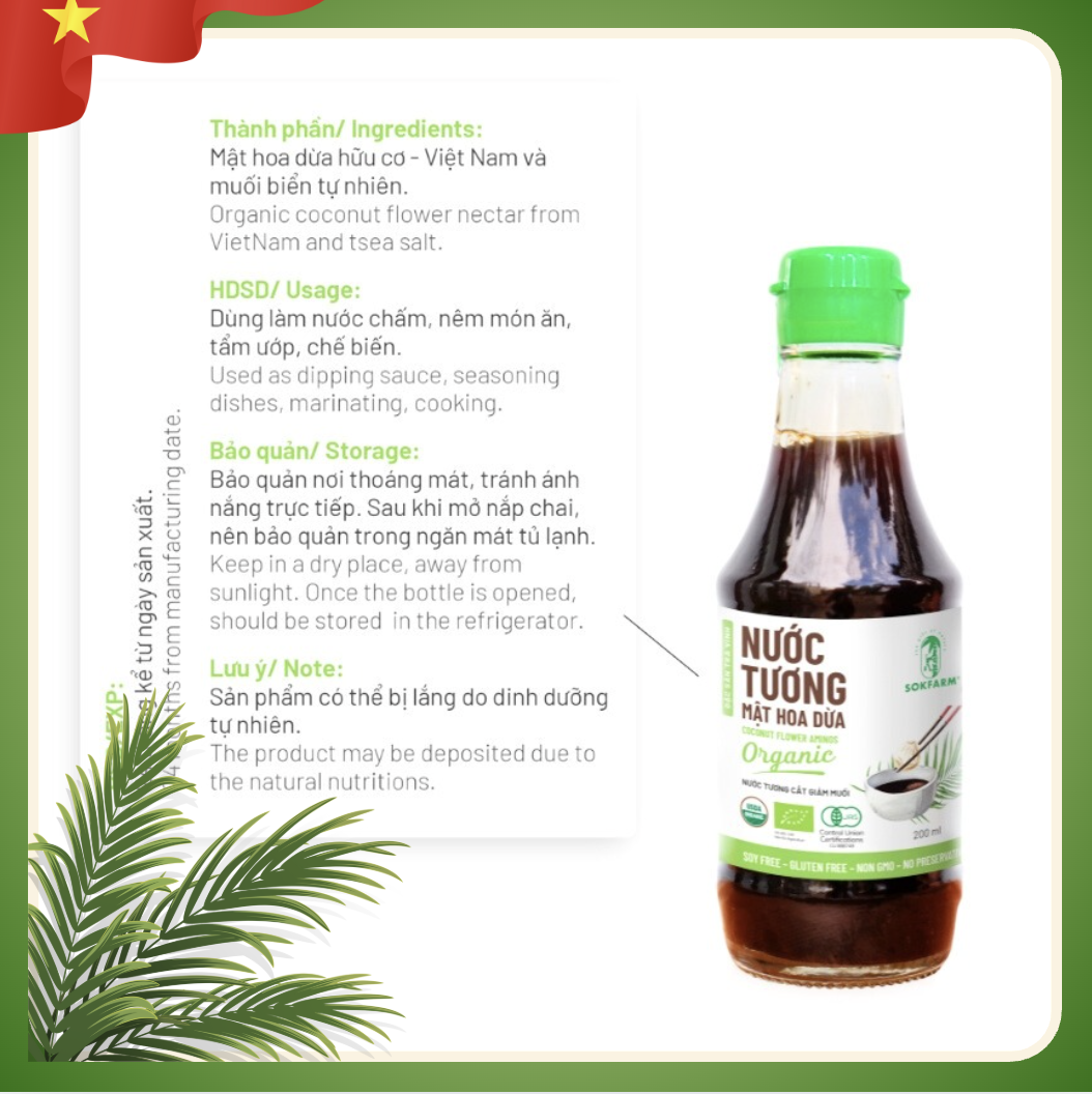 Nước tương mật hoa dừa SOKFARM dòng ít muối chính gốc Trà Vinh (Chai thủy tinh 200ml)-duoc-ban-tai-HELLO TROPICAL VIETNAM