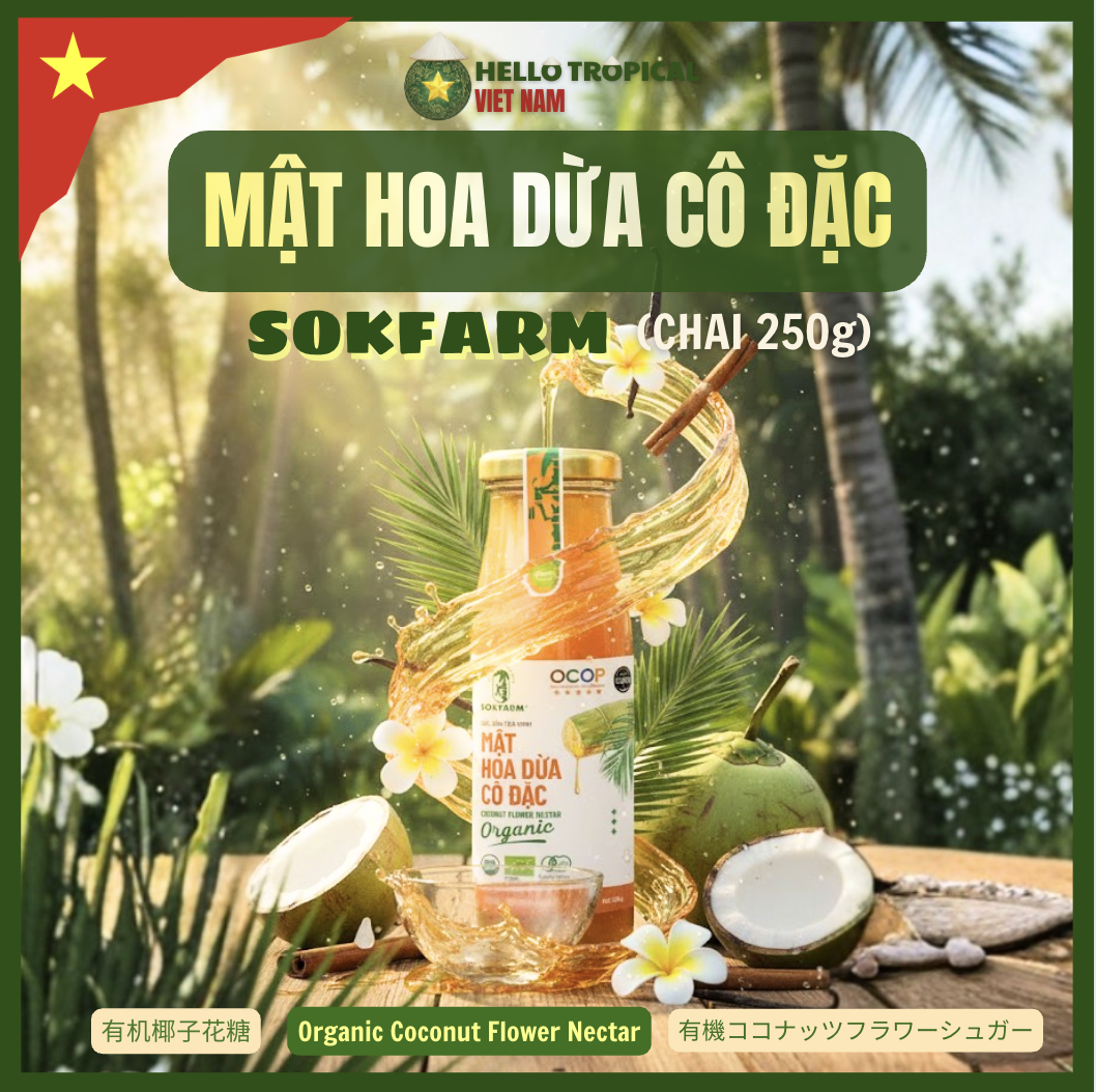 Mật hoa dừa cô đặc hữu cơ SOKFARM chính gốc Trà Vinh (Chai thủy tinh 250g)-duoc-ban-tai-HELLO TROPICAL VIETNAM