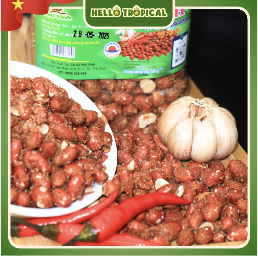 Đậu phộng rang tỏi ớt PHÚ VINH đậm đà chuẩn vị miền tây loại ngon (Hộp 500g)-duoc-ban-tai-HELLO TROPICAL VIETNAM
