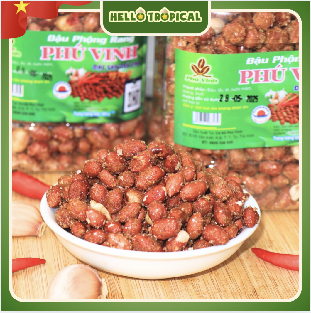 Đậu phộng rang tỏi ớt PHÚ VINH đậm đà chuẩn vị miền tây loại ngon (Hộp 500g)-duoc-ban-tai-HELLO TROPICAL VIETNAM