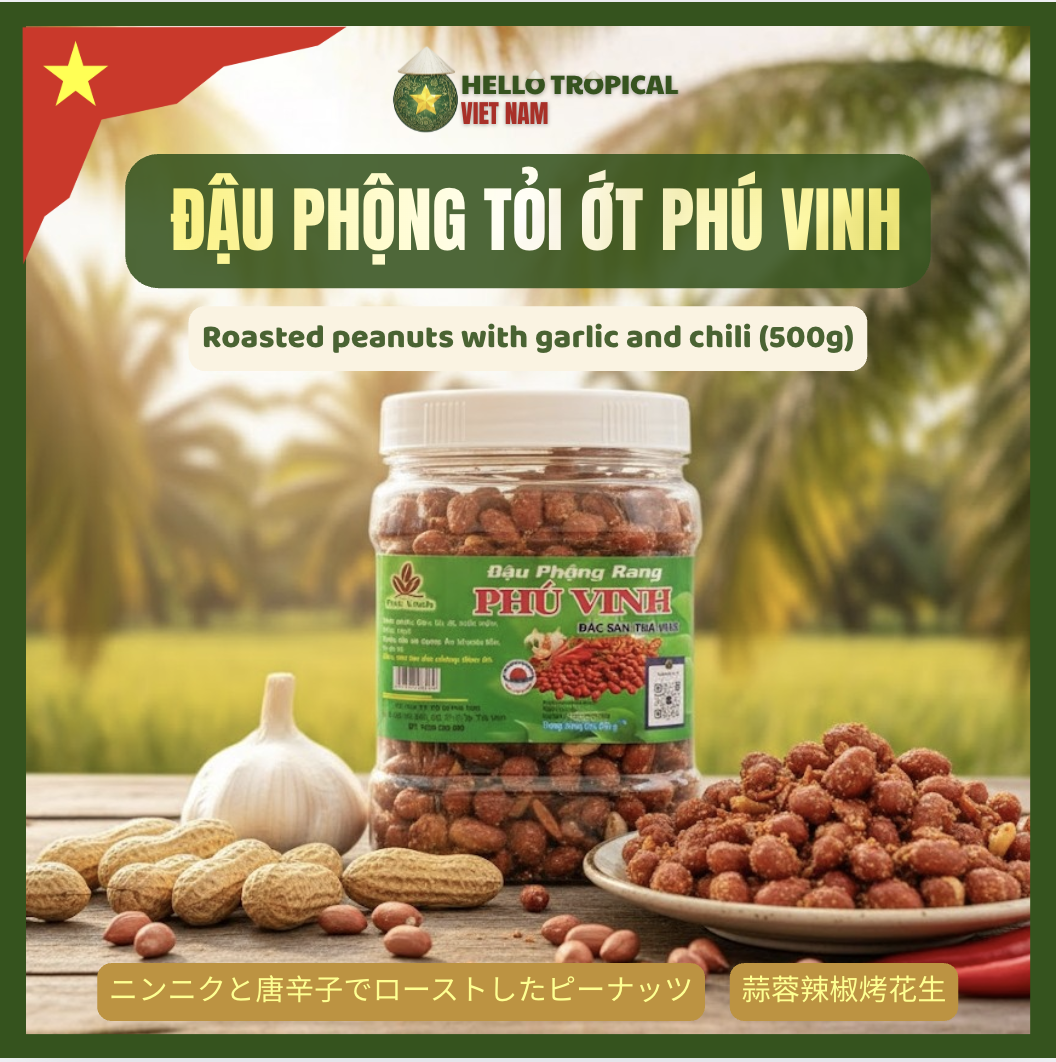 Đậu phộng rang tỏi ớt PHÚ VINH đậm đà chuẩn vị miền tây loại ngon (Hộp 500g)-duoc-ban-tai-HELLO TROPICAL VIETNAM