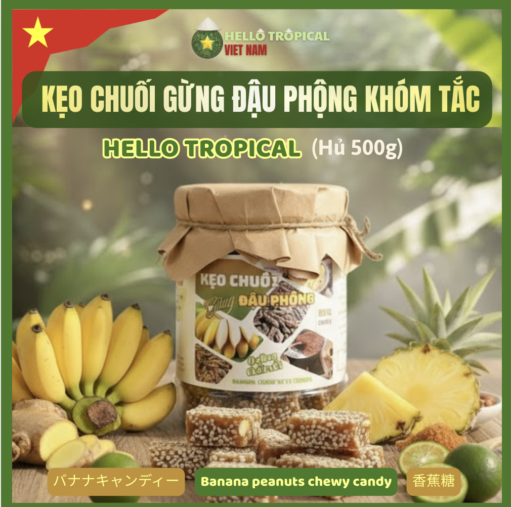 Kẹo chuối tươi gừng đậu phộng HELLO TROPICAL dùng đường thốt nốt (Hủ 500g)-duoc-ban-tai-HELLO TROPICAL VIETNAM