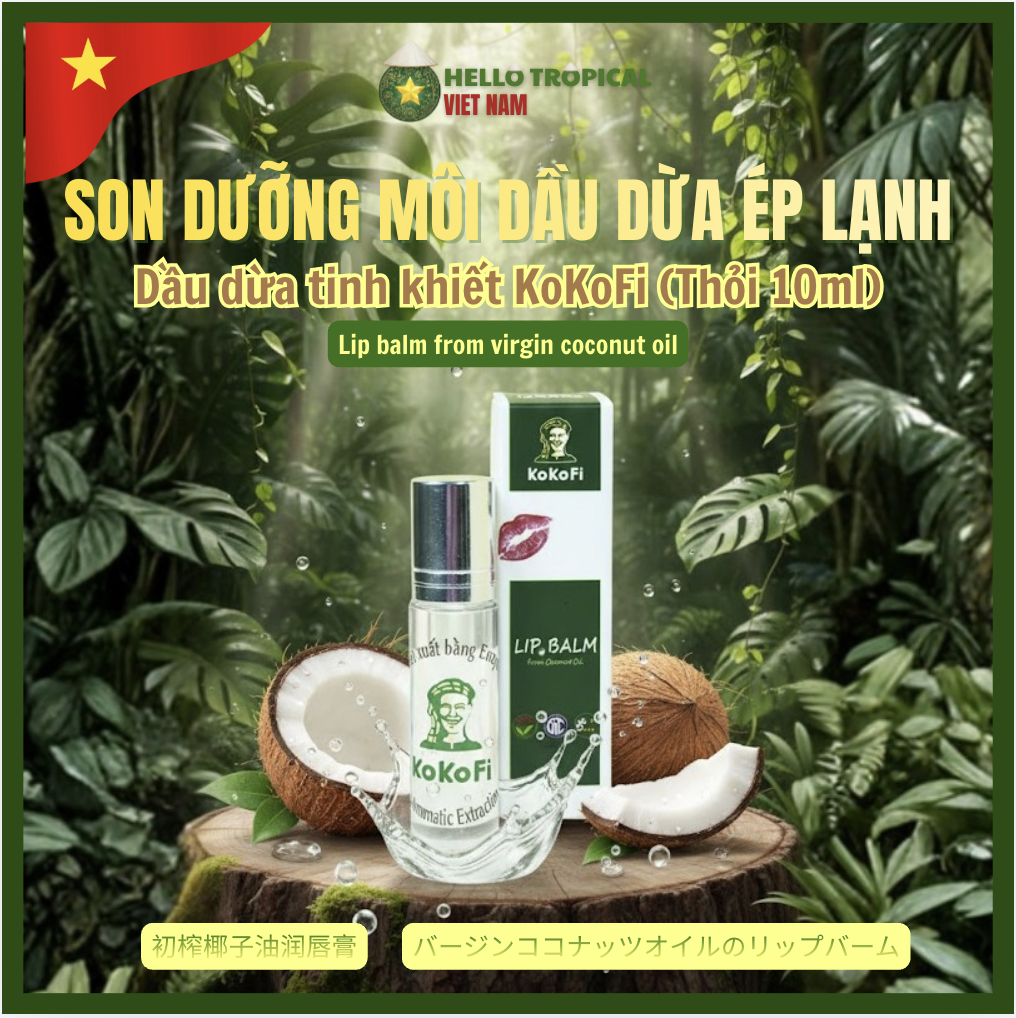 Son lăn dưỡng ẩm môi dầu dừa ép lạnh tinh khiết KOKOFI từ vùng dừa Trà Vinh (10ml)-duoc-ban-tai-HELLO TROPICAL VIETNAM