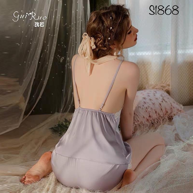 Pajamas đùi lụa phối ren trắng - S1868-duoc-ban-tai-BlvckNo - Đồ ngủ cao cấp có sẵn