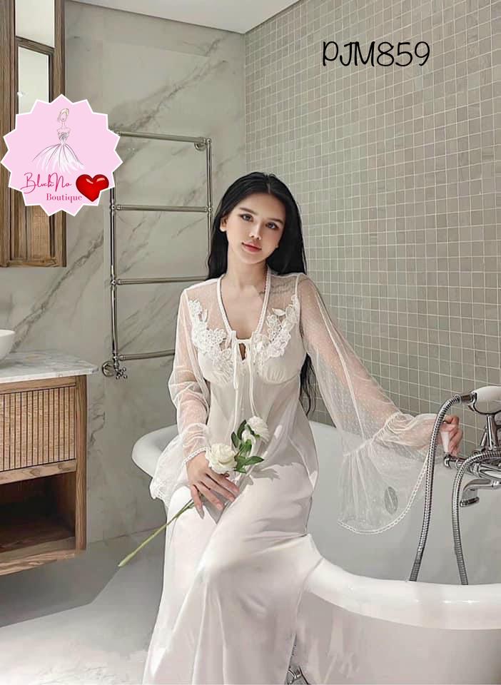 Đầm lụa trắng phối lưới tay xoè - PJM859-duoc-ban-tai-BlvckNo - Đồ ngủ cao cấp có sẵn