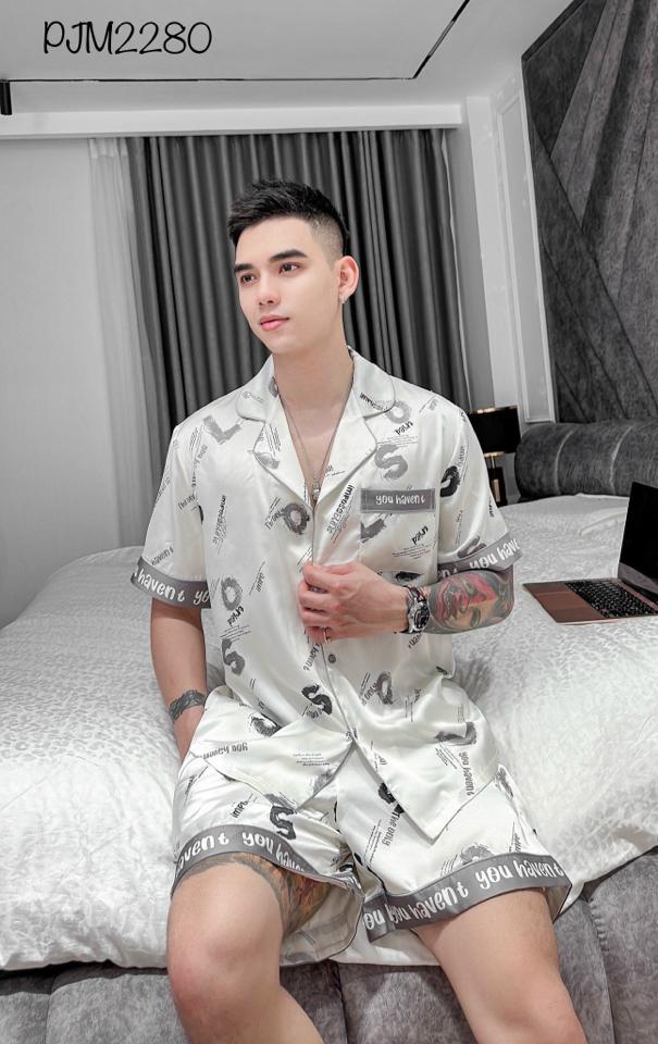 Pajamas đùi nam lụa mịn trắng kem SO - PJM2280-duoc-ban-tai-BlvckNo - Đồ ngủ cao cấp có sẵn