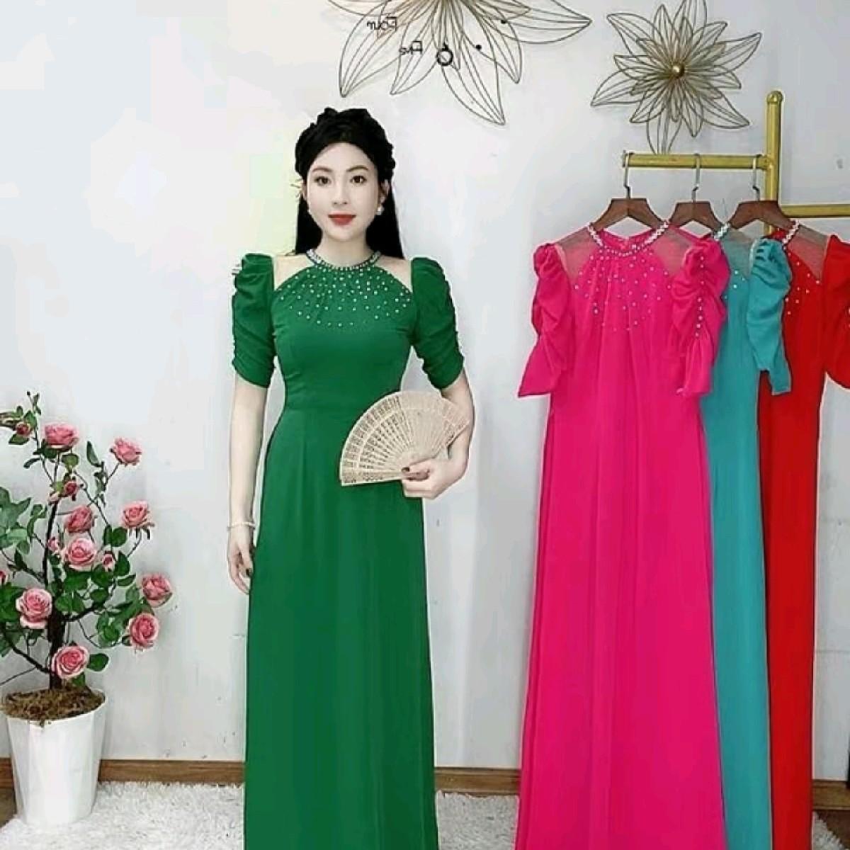 ÁO DÀI KIỂU CHẤT LỤA MỸ PHỐI NGỌC TRAI Màu Hồng-duoc-ban-tai-tigtig1a