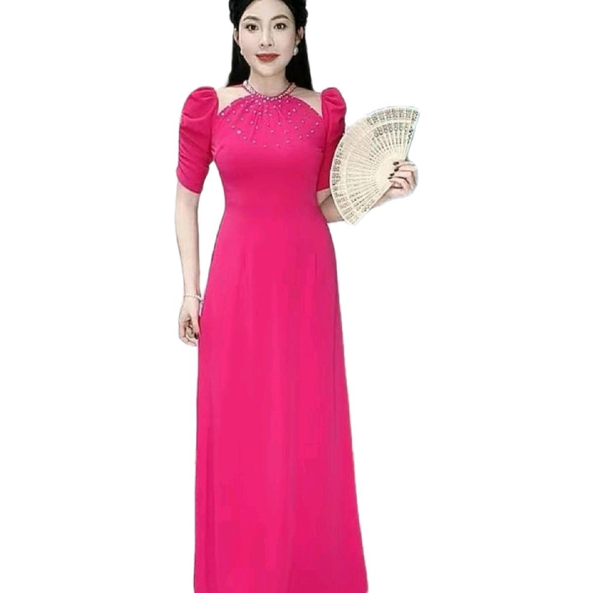 ÁO DÀI KIỂU CHẤT LỤA MỸ PHỐI NGỌC TRAI Màu Hồng-duoc-ban-tai-tigtig1a