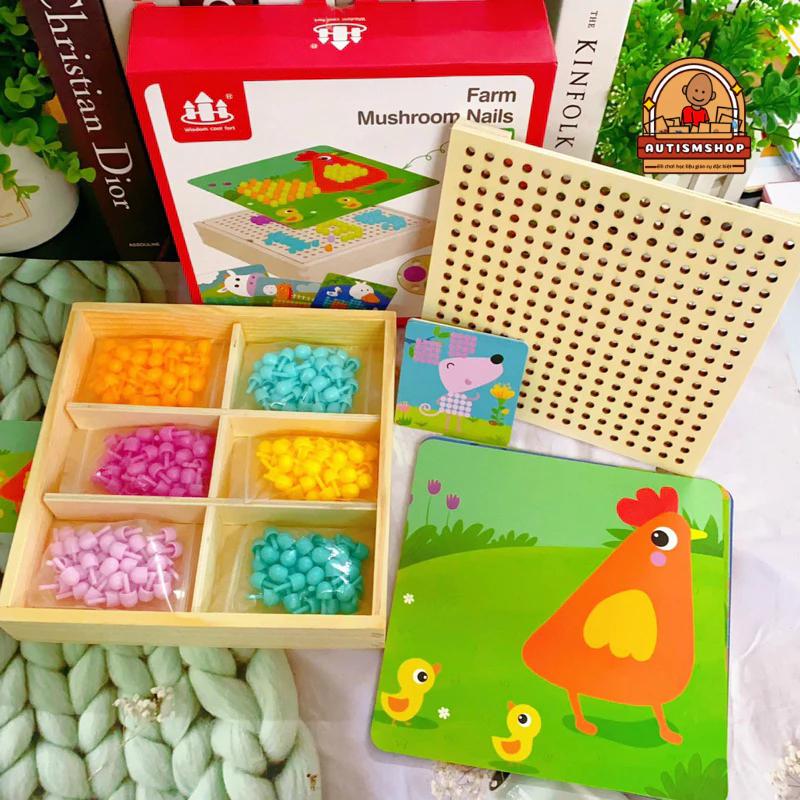 Đồ chơi bảng cắm nấm hộp gỗ rèn vận động tinh Autismshop-duoc-ban-tai-Autismshop.vn-Đồ chơi sách học liệu giáo dục đặc biệt