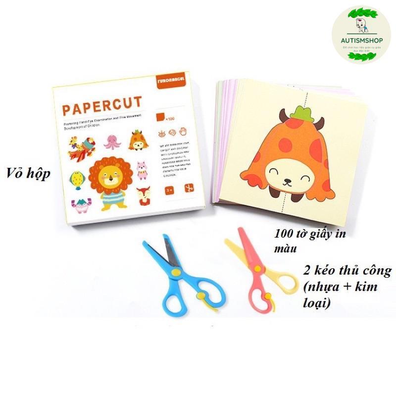 Bộ cắt giấy Paper cut 100 tờ nhiều chủ đề tặng kèm 2 kéo-duoc-ban-tai-Autismshop.vn-Đồ chơi sách học liệu giáo dục đặc biệt