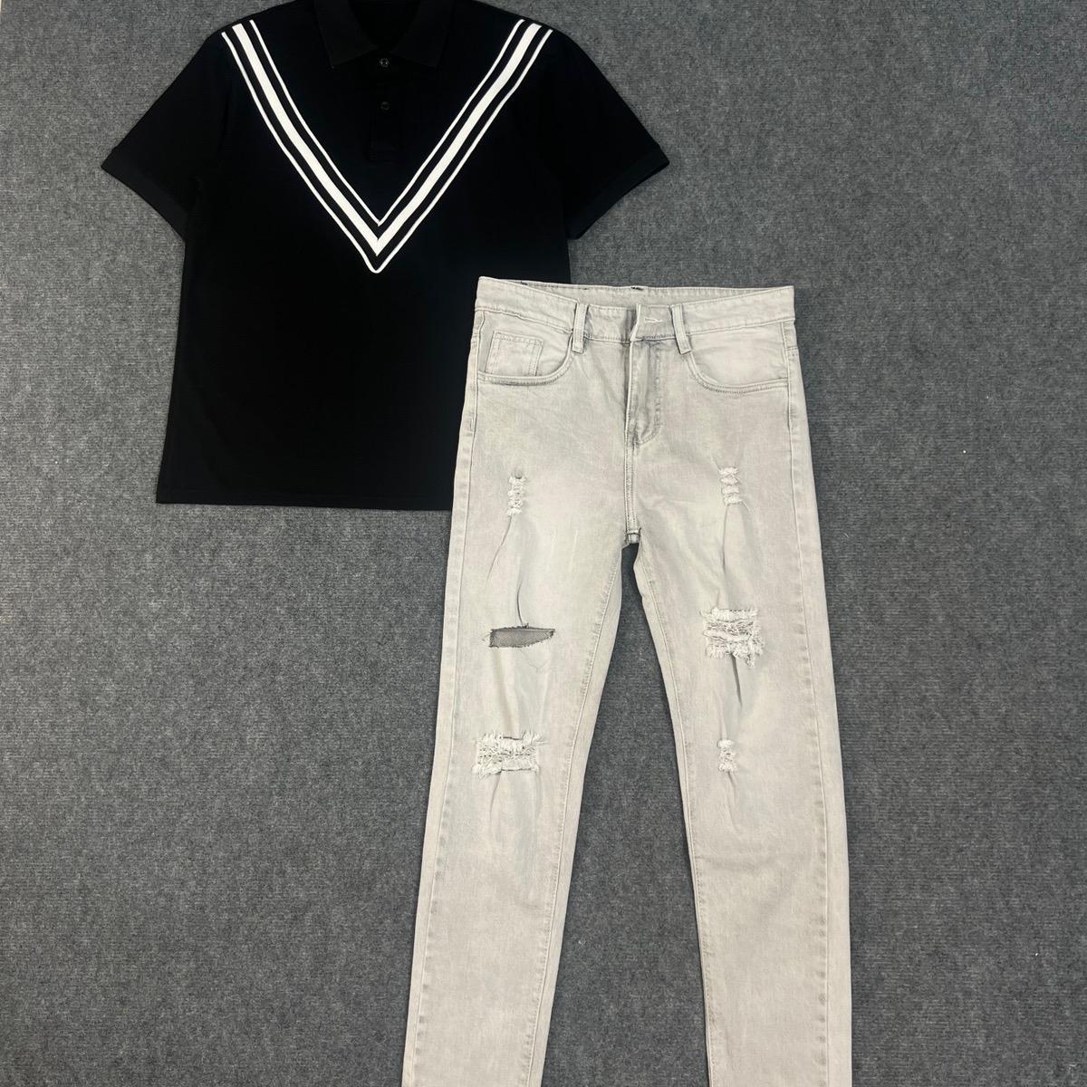 Set Áo Polo Nam Đen V Phối Quần Jean Nam Xám Rách 668. Menswear Cotton-duoc-ban-tai-BB-STore 2023