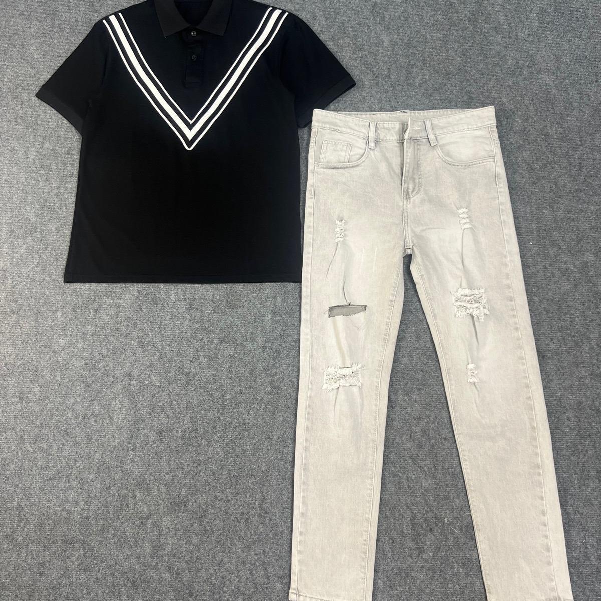 Set Áo Polo Nam Đen V Phối Quần Jean Nam Xám Rách 668. Menswear Cotton-duoc-ban-tai-BB-STore 2023