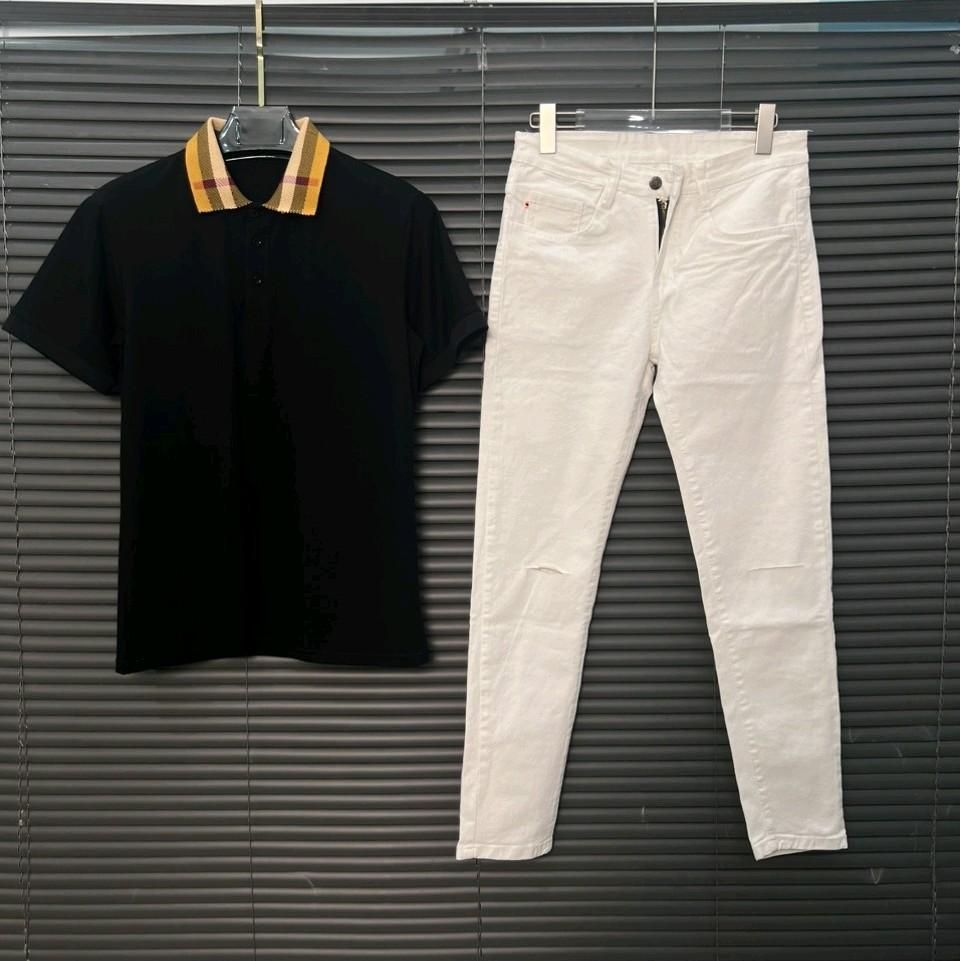 Set bộ Quần Jean Trắng Rách Gối Và Áo Thun Trụ Đen Bo Cổ Dệt Hoạ Tiết B Nam Menswear Cotton-duoc-ban-tai-BB-STore 2023