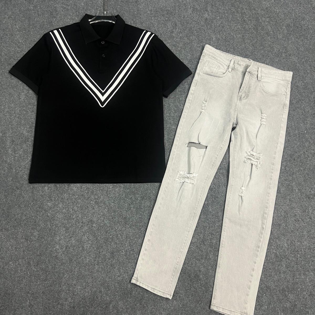 Set Áo Polo Nam Đen V Phối Quần Jean Nam Xám Rách 668. Menswear Cotton-duoc-ban-tai-BB-STore 2023