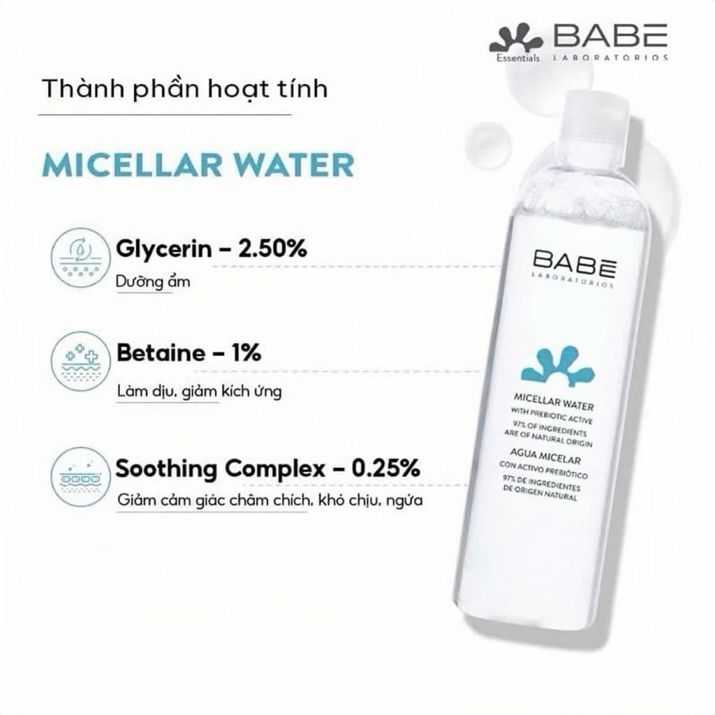 Tẩy trang làm sạch cho da nhạy cảm BABE Essentials Prebiotic Micellar Water 250ml-duoc-ban-tai-Tiệm Nhà Mịn