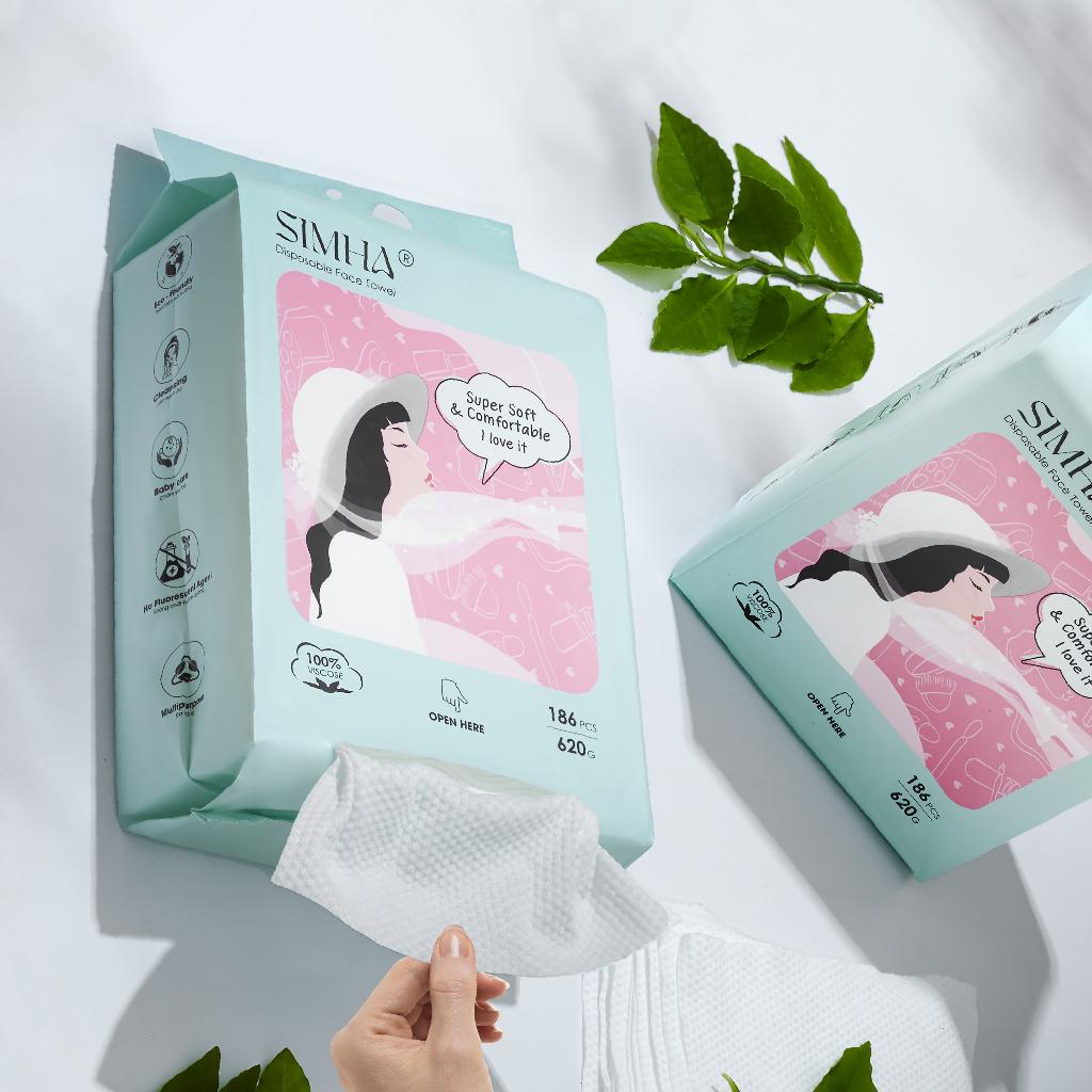Khăn giấy khô Simha đa năng lau mặt và lau tay túi rút 186 tờ dạng rút 100% vải viscose dùng 1 lần an toàn cho bé-duoc-ban-tai-QC Store