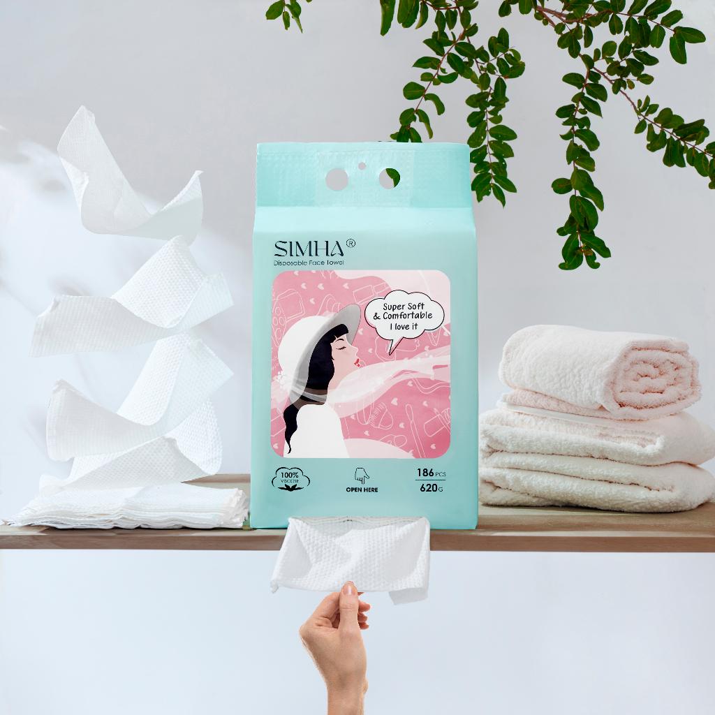 Khăn giấy khô Simha đa năng lau mặt và lau tay túi rút 186 tờ dạng rút 100% vải viscose dùng 1 lần an toàn cho bé-duoc-ban-tai-QC Store