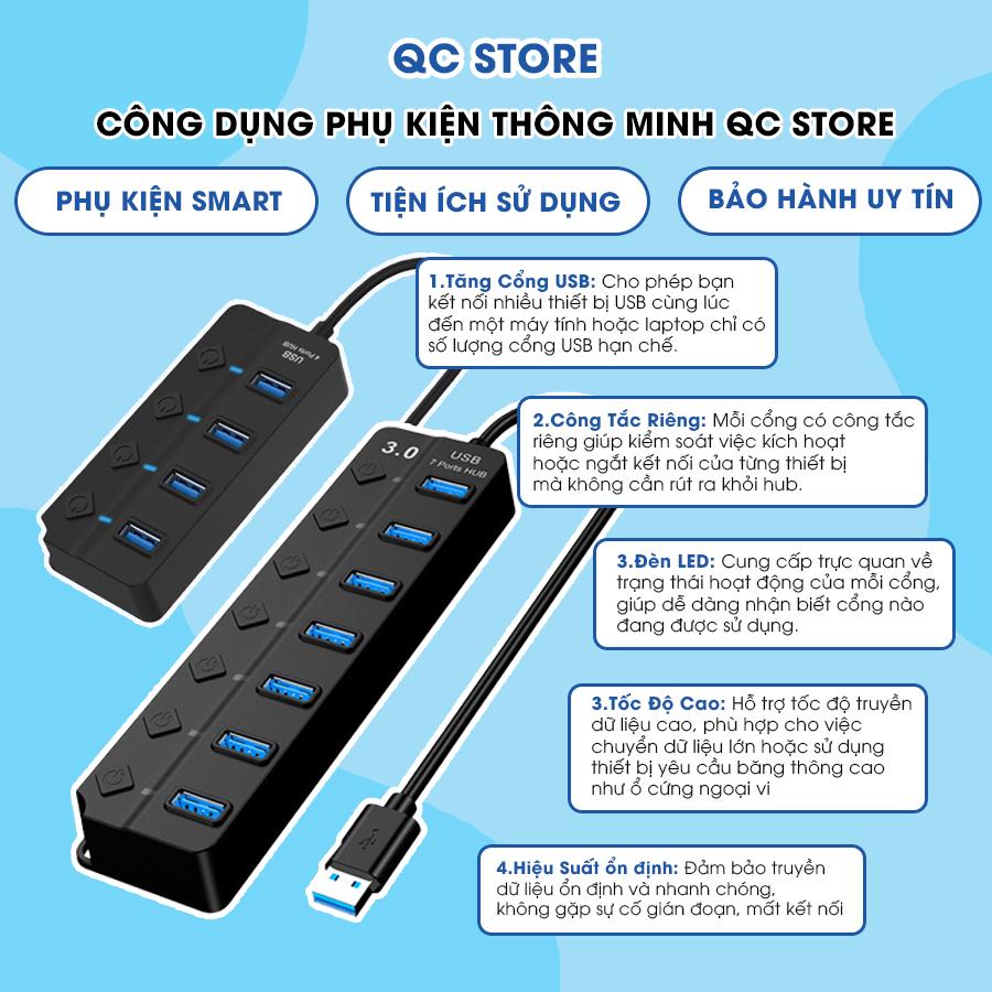 Bộ Chia 7 Cổng 4 cổng USB 3.0 2.0 Hub mở rộng cho máy tính tốc độ cao có công tắc LED QC Store-duoc-ban-tai-QC Store