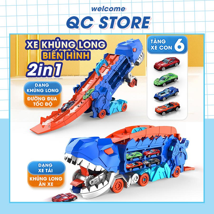 Xe khủng long đồ chơi nuốt ô tô biến hình đường đua cho bé tặng 4 xe kim loại giá rẻ QC Store-duoc-ban-tai-QC Store