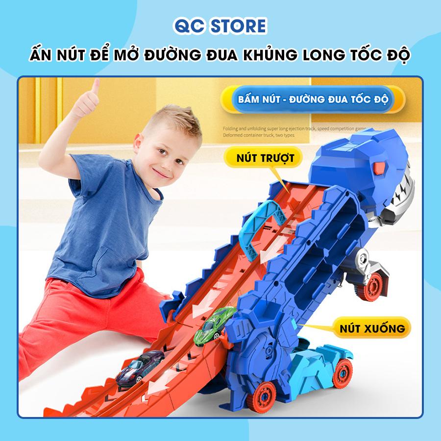 Xe khủng long đồ chơi nuốt ô tô biến hình đường đua cho bé tặng 4 xe kim loại giá rẻ QC Store-duoc-ban-tai-QC Store